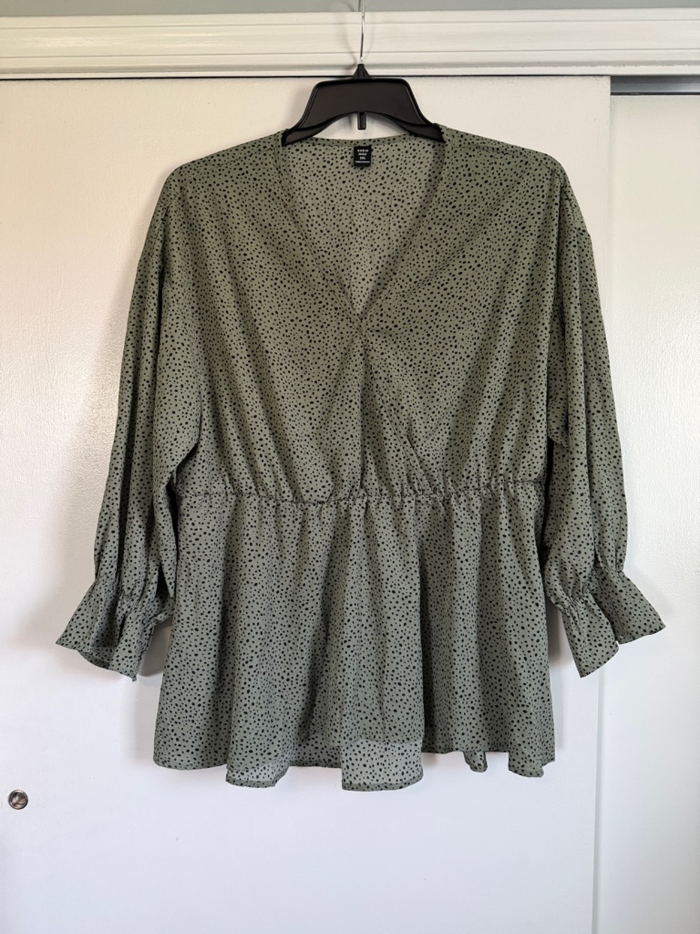 SHEIN Sage Green V-Neck Peplum Tunic with Black Dot Print